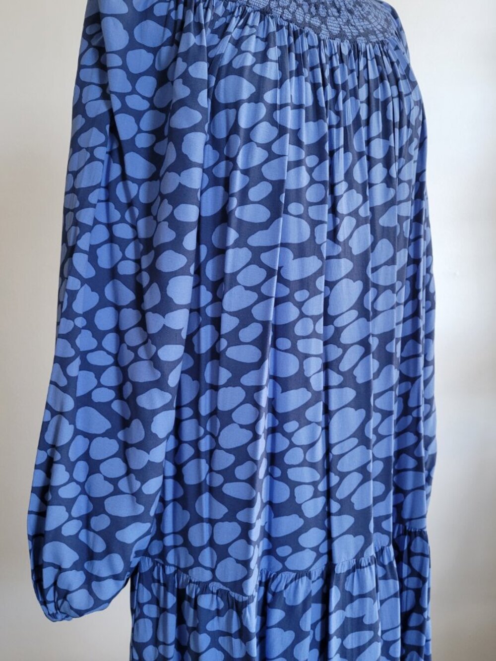 Ann Taylor Loft Blue Smocked Neck Abstract Pebble Print Dress (Size: M) - Picture 11 of 12